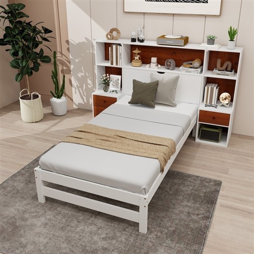 Twin Size White Wood Platform Bed Frame with Storage Headboard and 2 Nightstands