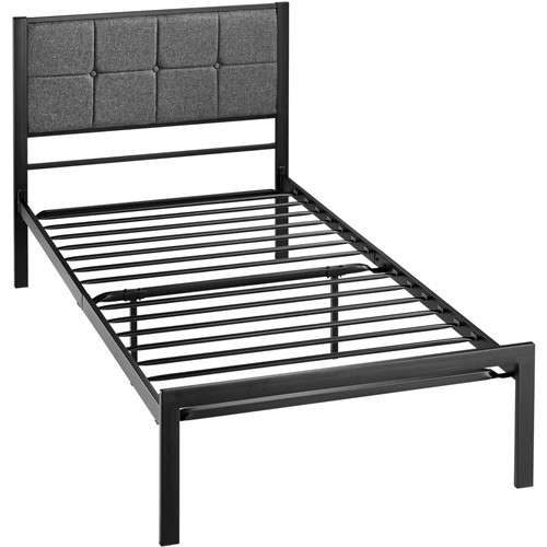 Twin Size Black Metal Platform Bed Frame with Gray Button Tufted Upholstered Headboard