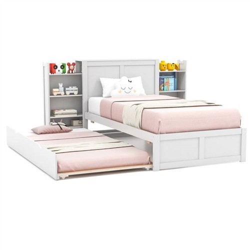 Twin/Full Size White Wood Platform Bed Frame with Trundle Bed and Storage Headboard