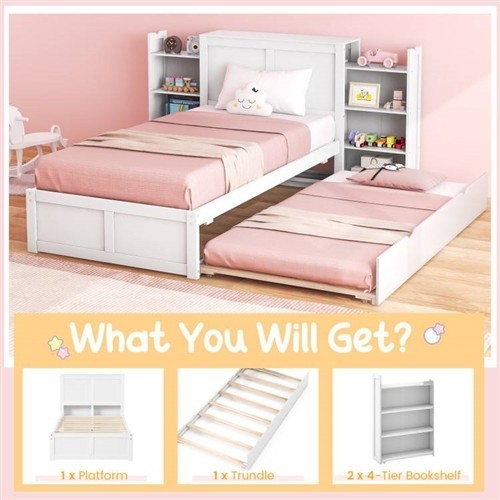Twin/Full Size White Wood Platform Bed Frame with Trundle Bed and Storage Headboard