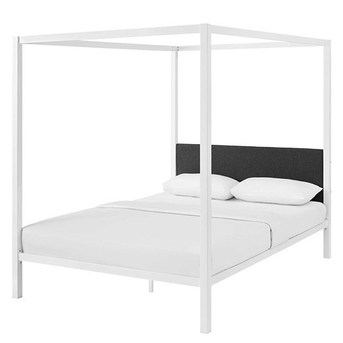 Queen Size White Metal Canopy Bed Frame with Grey Upholstered Headboard