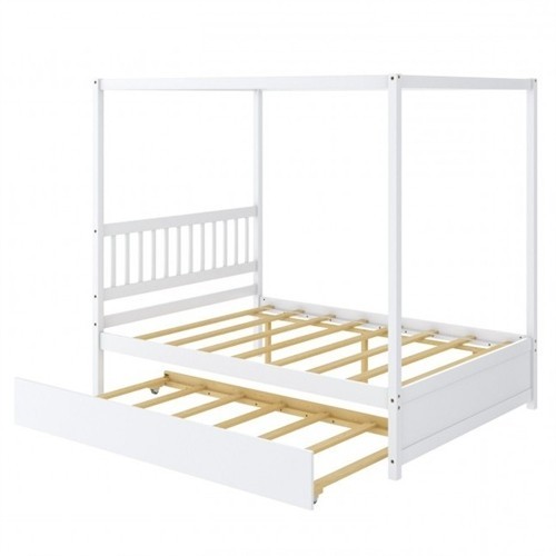 Full Size White Canopy Platform Bed with Twin Roller Trundle Bed