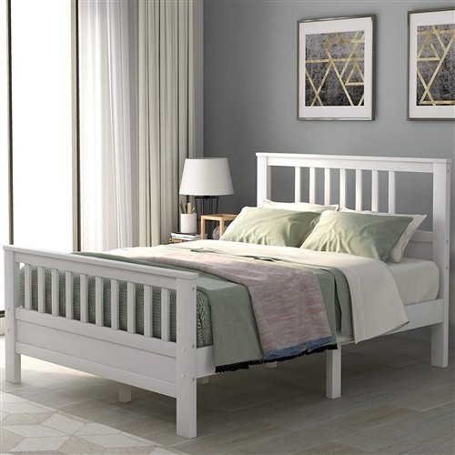 Full Size White Pine Wood Platform Bed Frame with Slatted Headboard and Footboard