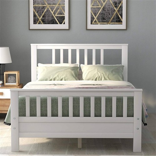 Full Size White Pine Wood Platform Bed Frame with Slatted Headboard and Footboard
