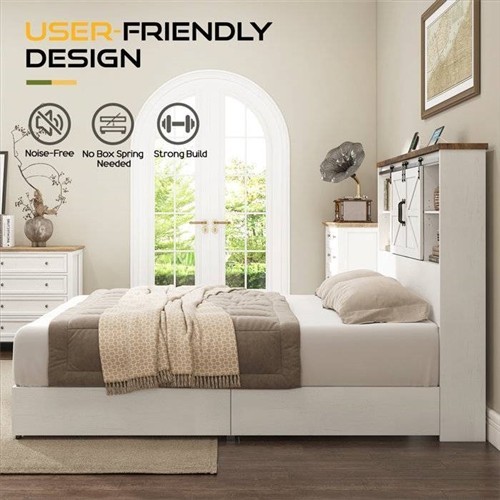 Queen Size White Farmhouse Platform Bed Frame with Bookcase Headboard, Storage Drawers and Outlets