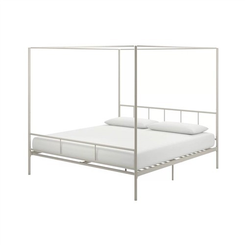 King Size White Metal Canopy Bed with Headboard and Footboard