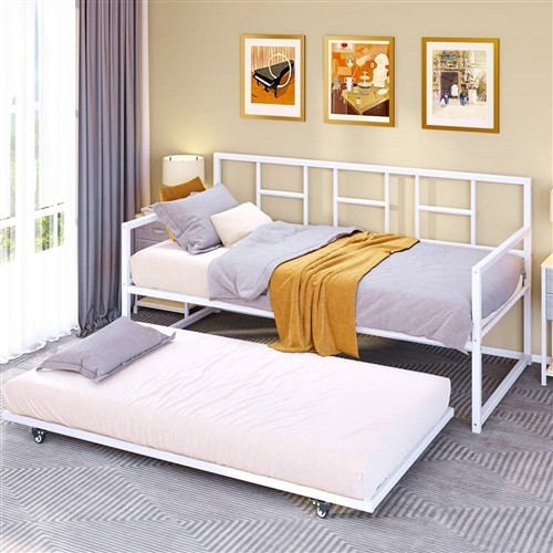 Twin Size Minimalist White Metal Day Bed Frame with Twin Trundle Bed