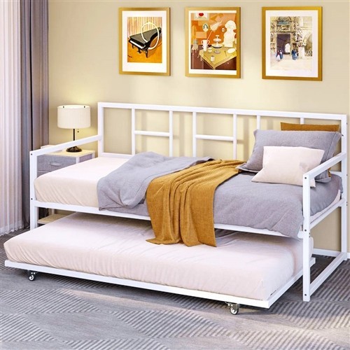Twin Size Minimalist White Metal Day Bed Frame with Twin Trundle Bed