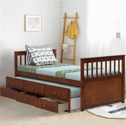 Twin Over Twin Size Walnut Wood Captains Bed Frame with Pull Out Trundle Bed and 3 Storage Drawers