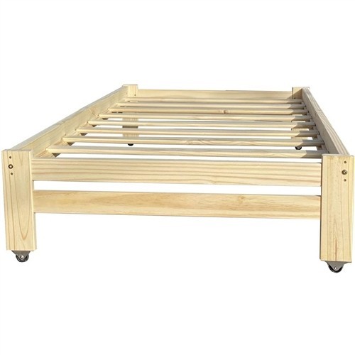 Twin Size Unfinished Solid Wood Platform Bed Frame with Casters Wheels