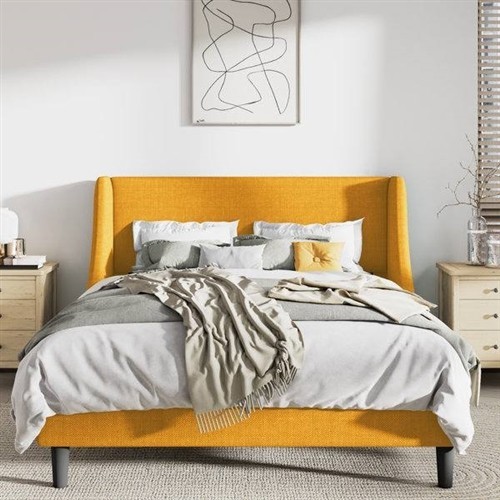 Full Size Yellow Upholstered Platform Bed Frame with Wingback Headboard