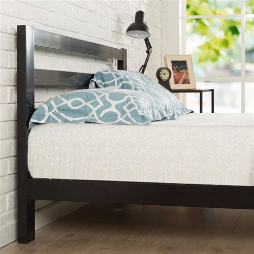 Full Size Heavy Duty Black Metal Platform Bed Frame with Headboard and Wood Slats