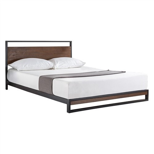 Full Size Black Metal Platform Bed Frame with Cherry Wood Headboard