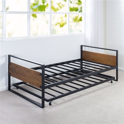 Twin Size Metal and Wood Day Bed Frame with Twin Trundle Bed