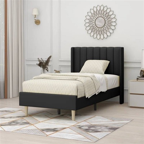 Twin Size Black Upholstered Platform Bed Frame with Headboard