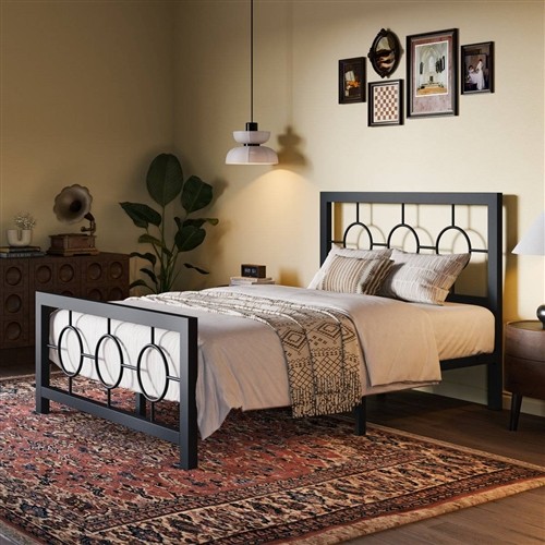 Twin Size Black Metal Platform Bed Frame with Circle Medallion Headboard and Footboard