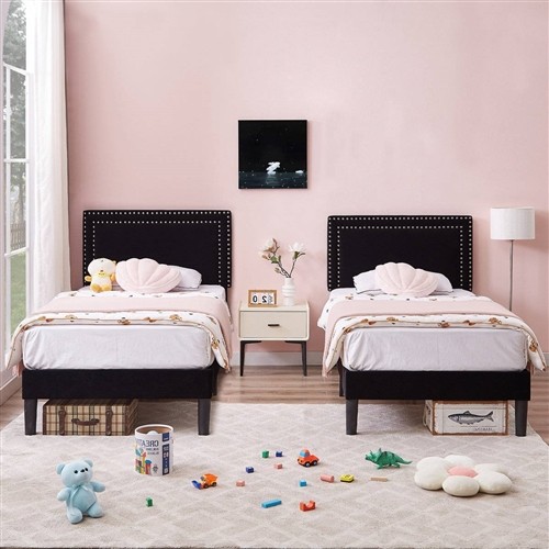 Twin Size Black Upholstered Platform Bed Frames with Nailhead Trim Headboard - Set of 2