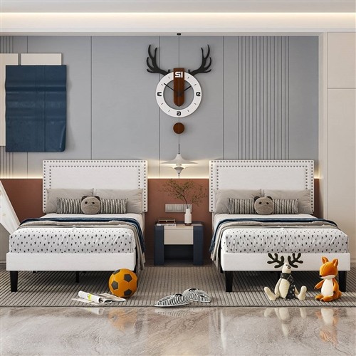 Twin Size White Upholstered Platform Bed Frames with Nailhead Trim Headboard - Set of 2