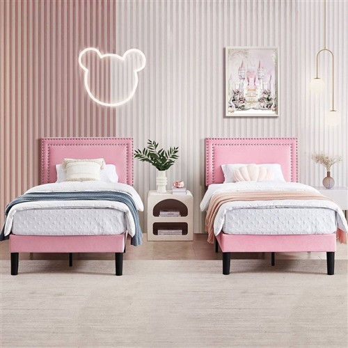 Twin Size Pink Upholstered Platform Bed Frames with Nailhead Trim Headboard - Set of 2
