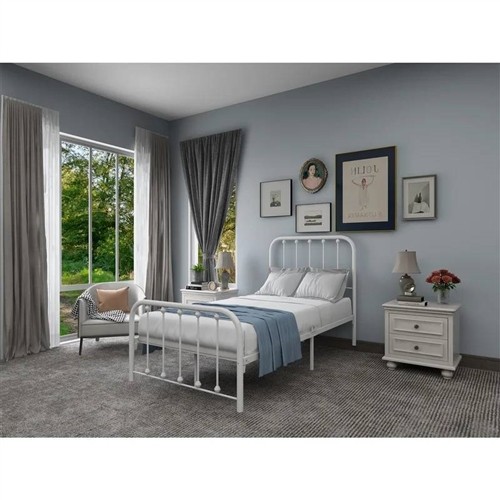 Twin Size White Metal Bed Frame with Rounded Corner Slatted Headboard and Footboard