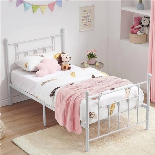 Twin Size Victorian Style White Metal Platform Bed Frame with Headboard and Footboard