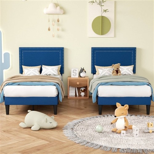 Twin Size Dark Blue Upholstered Platform Bed Frames with Nailhead Trim Headboard - Set of 2