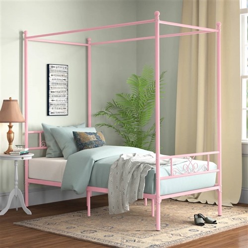 Twin Size Four Poster Pink Metal Canopy Bed