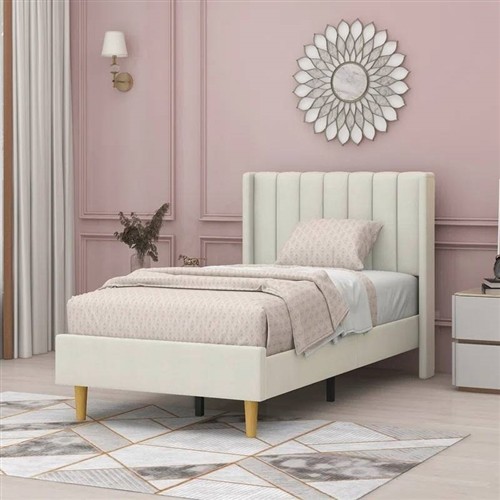 Twin Size Cream Velvet Upholstered Platform Bed Frame with Headboard