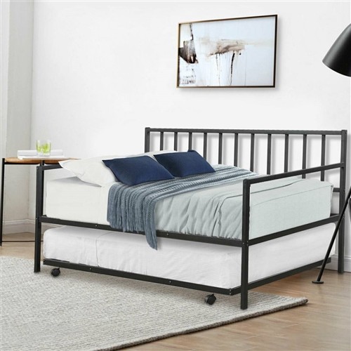 Twin Size Minimalist Black Metal Day Bed Frame with Twin Trundle Bed
