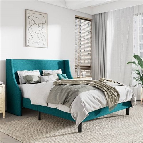Queen Size Turquoise Upholstered Platform Bed Frame with Wingback Headboard