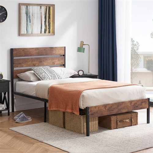 Twin Size Industrial Black Metal Platform Bed Frame with Brown Wood Slatted Headboard and Footboard