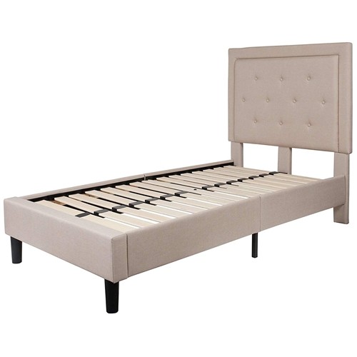 Twin Size Beige Upholstered Platform Bed Frame with Button Tufted Headboard
