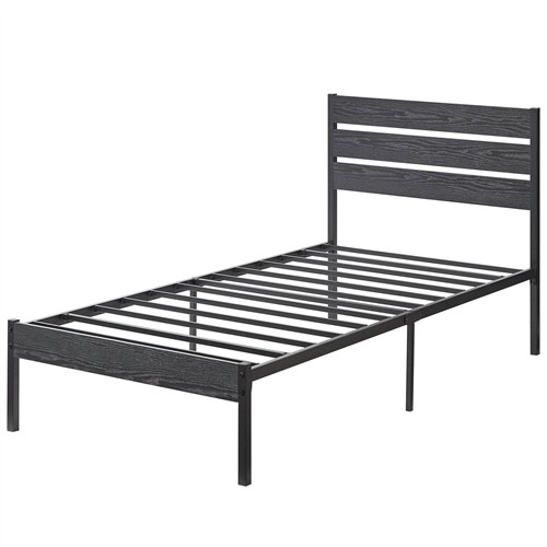Twin Size Black Metal Platform Bed Frame with Black Wood Slatted Headboard