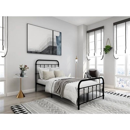 Twin Size Black Metal Platform Bed Frame with Rounded Headboard and Footboard
