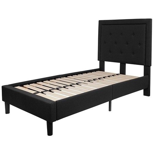 Twin Size Black Upholstered Platform Bed Frame with Button Tufted Headboard