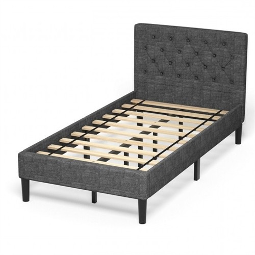 Twin Size Grey Upholstered Platform Bed Frame with Button Tufted Headboard