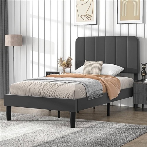 Twin Size Dark Grey Upholstered Platform Bed Frame with Headboard
