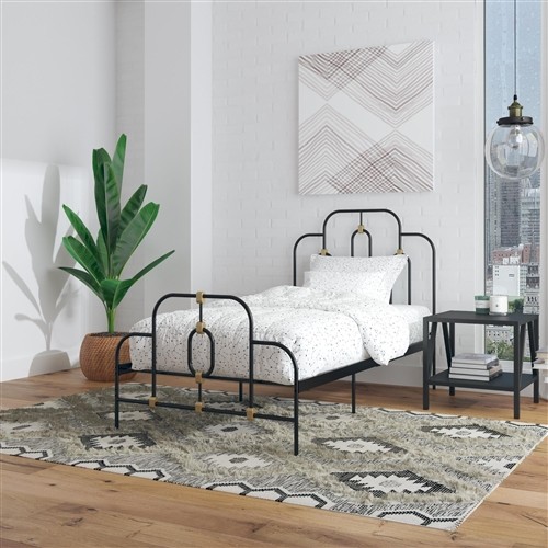 Twin Size Black Metal Adjustable Leg Height Platform Bed Frame with Gold Accents