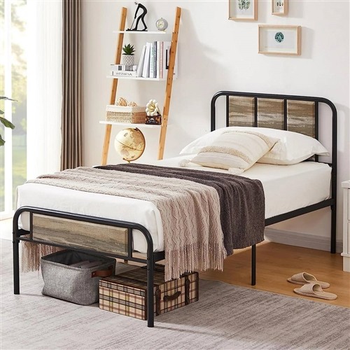 Twin Size Black Metal Platform Bed Frame with Rounded Rustic Wood Headboard and Footboard