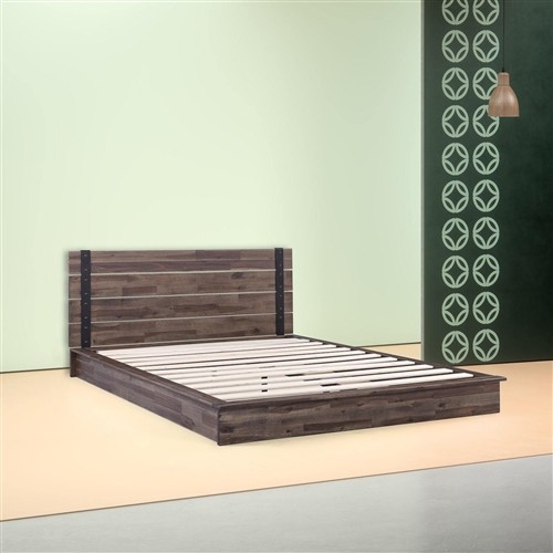 Twin Size Industrial Low Profile Grey Wood Platform Bed Frame with Black Metal Accents