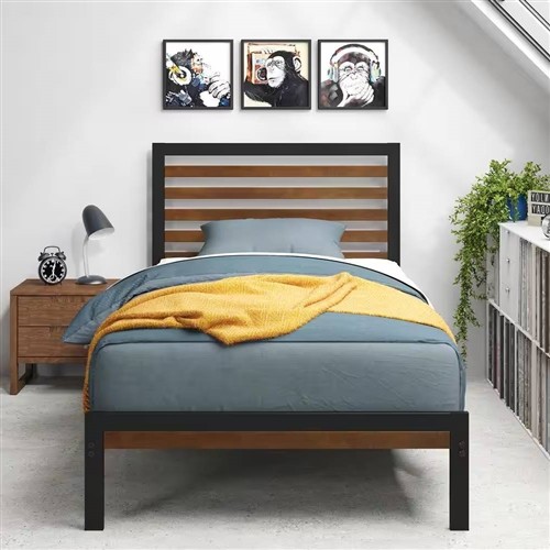 Twin Size Black Metal Platform Bed Frame with Brown Wood Slatted Headboard
