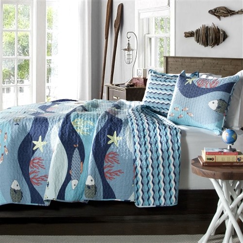 Twin Size Blue Sea Themed 2 Pc Bedspread Set