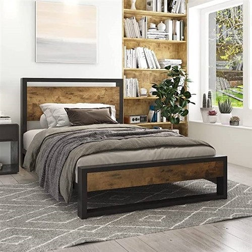 Twin Size Black Metal Platform Bed Frame with Rustic Wood Panel Headboard and Footboard