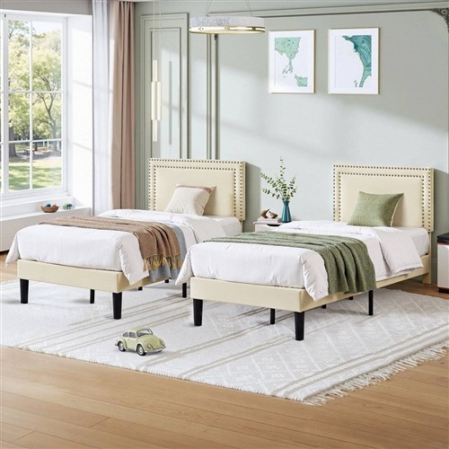 Twin Size Beige Upholstered Platform Bed Frames with Nailhead Trim Headboard - Set of 2