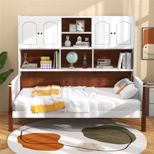 Twin Size Vintage White-Walnut Wood Day Bed Frame with Bookcase/Cabinets