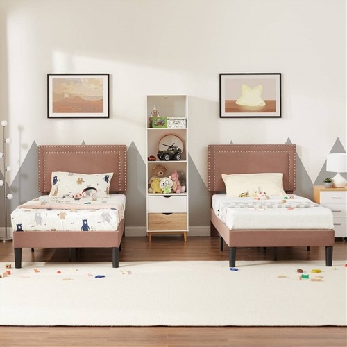 Twin Size Dark Tan Upholstered Platform Bed Frames with Nailhead Trim Headboard - Set of 2