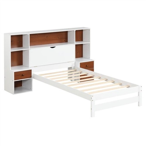 Twin Size White Wood Platform Bed Frame with Storage Headboard and 2 Nightstands