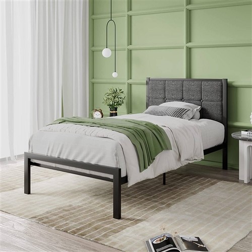 Twin Size Black Metal Platform Bed Frame with Gray Button Tufted Upholstered Headboard