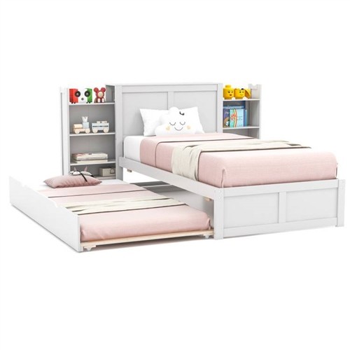 Twin/Full Size White Wood Platform Bed Frame with Trundle Bed and Storage Headboard