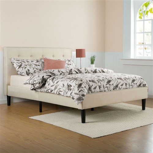 Queen Size Taupe Upholstered Platform Bed Frame with Headboard